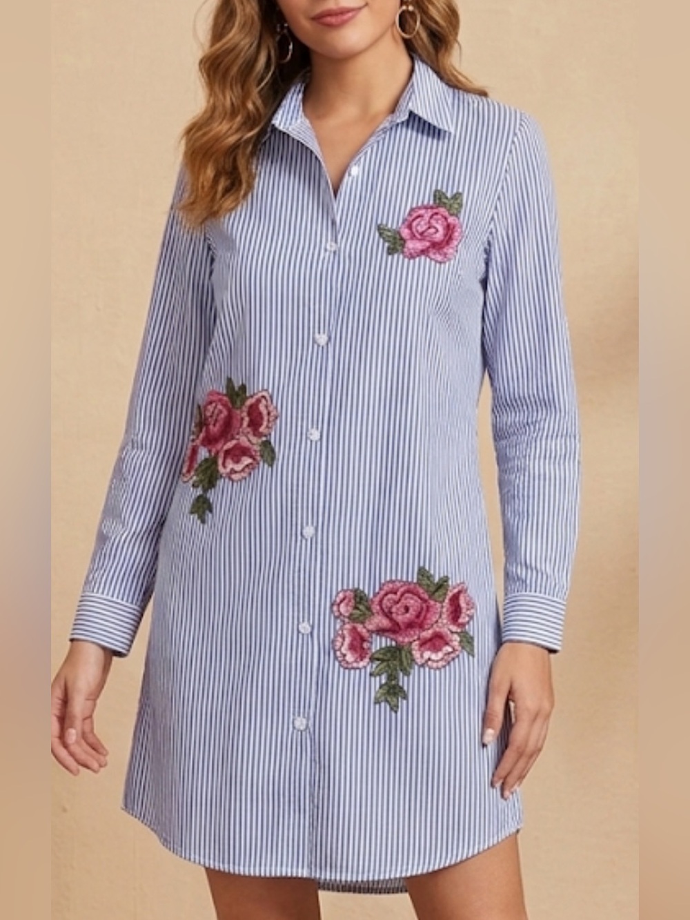 Style House size XL Striped Button-Down Shirt Dress with Pink Rose Embroidery